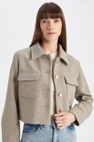 DEFACTO Short Cashmere Coat Regular Fit Polo Collar Buttoned Pocket Wool