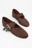 Shoeberry Women's Rodeo Brown Suede Buckle Detailed Ballerinas