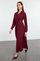 Trendyol Burgundy Accessory Detailed Pleated Knitted Dress