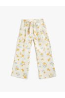 Koton Linen Spanish Leg Trousers with Floral Waist Belt