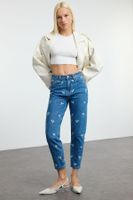 Trendyol Blue Floral Embroidered High Waist Mom Jeans