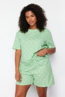 Trendyol Curve Mint Heart Patterned Knitted Pajamas Set