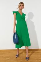 Trendyol Green Double Breasted Ruffle Detailed Linen Look Midi Woven Dress