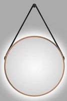 LED kulaté světelné zrcadlo DSK Silver Barbier / kožený řemínek / Ø 50 cm / 15 W / neutrální bílá / IP24 / sklo / hliník / měděná/černá