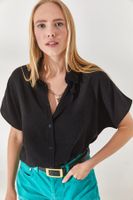 Olalook Women's Black Bat Oversize Linen Shirt