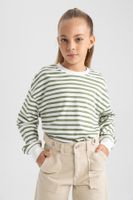 DEFACTO Girl's Crew Neck Striped Combed Cotton Long Sleeve T-Shirt