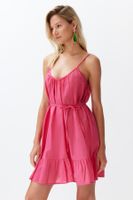 Trendyol Fuchsia Belted Mini Woven Ruffle Beach Dress