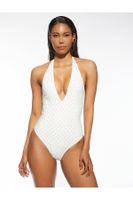 Koton Barbell Neck Swimsuit V-Neck Shiny Stone Embroidered