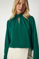 Happiness İstanbul Women's Emerald Green Window Detail Flowy Crepe Blouse