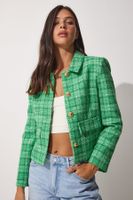 Happiness İstanbul Women's Green Gold Buttoned Tweed Woven Jacket