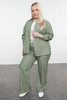 Trendyol Curve Khaki-White Flexible Waist Striped Woven Plus Size Shirt-Pants Bottom-Top Set