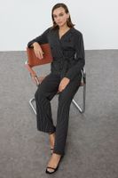 Trendyol Black Belted Striped Jacket Collar Long Jumpsuit