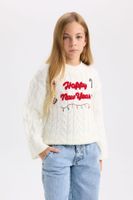 DEFACTO Girl Ecru Oversize Wide Pattern Crew Neck Christmas Themed Knitwear Sweater