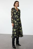 Trendyol Black Floral Patterned A-Line Double Breasted Midi Woven Dress