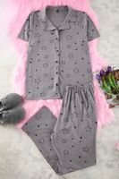 Trendyol Curve Grey Melange Star Patterned Shirt Collar Knitted Pajama Set