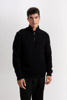 DEFACTO Black Standard Fit Regular Cut Stand Collar Zippered Plain Knitwear Sweater