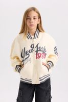 DEFACTO Girls Slogan Printed College Collar Bomber Thick Sweatshirt Fabric Soft Fluffy Inside Cardigan