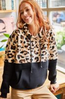 Olalook női fekete leopárd gyapjú Leopard Detail gyapjú vastag pulóver