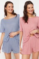 Trendyol Multi-Colored 2-Pack Pointel Openwork/Hole Knitted Pajamas Top