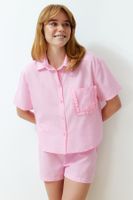 Trendyol Pink 100% Cotton Pocket Ruffle Detailed Woven Pajama Set