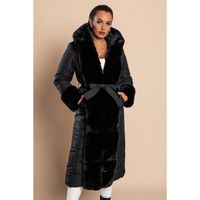 Lange Wattierte Winterjacke Mit Kunstfell, Schwarz