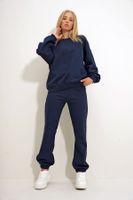 Trend Alaçatı Stili Women's Navy Blue Crew Neck Elastic Waist and Leg Two Yarn Basic Tracksuit