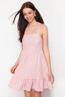 Trendyol Pink Checked Straight Cut Ruffle Mini Woven Dress