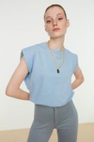 Trendyol Blue 100% Cotton Padded Look Basic Crew Neck Knitted T-Shirt