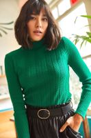 Olalook Women's Emerald Green Half Turtleneck Zigzag Textured Soft Knitwear Sweater