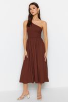 Trendyol Brown Waist Opening Top Size One Shoulder Midi Woven Dress with Gipel