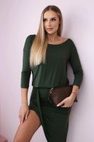 Asymmetrical dress, 3/4 sleeve khaki