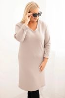 Kesi Włoski Dámské šaty Plus Size máslové s výstřihem do V a rukávem tmavě béžové