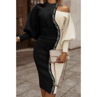 Elegantna Midi Haljina S Uzorkom, Crno-Krem