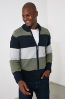 Trendyol Khaki Slim Wool Half Turtleneck Color Block Knitwear Cardigan