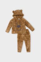 DEFACTO Baby Boy 2-Piece Set Teddy Bear Embroidered Plush Fabric Hooded Sweatshirt Top and Elastic Waist Bottom