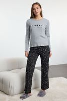 Trendyol Gray-Multicolored Galaxy Patterned Ribbed Knitted Pajama Set