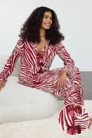 Trendyol Burgundy Zebra Patterned Ribbon/Bow and Piping Detailed Viscose Woven Pajama Set