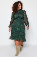 Trendyol Curve Green Shawl Patterned Midi/Medium Length Long Sleeve Lined Chiffon Dress