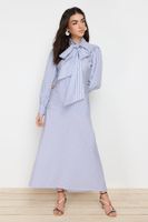 Trendyol Navy Blue Bow Detailed Cotton Woven Striped Dress