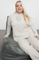 Trendyol Curve Beige Corded Heart Accessory Knitwear Bottom-Top Set