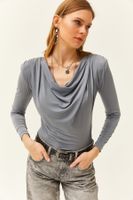 Olalook Women's Gray Waistband Pleated Roll Up Collar Blouse