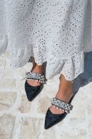 NİŞANTAŞI SHOES Fomax Black Straw Pearl Detail Women's Heeled Slippers