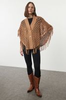 Trendyol Camel Openwork/Hole Tassel Detail Poncho Knitwear Cardigan