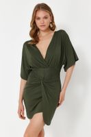 Trendyol Khaki Fitted Mini Knitted Gathered Beach Dress