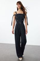 Trendyol Navy Blue Striped Belted Long Jumpsuit with Adjustable Sleeves