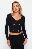 Trendyol Black Button Detailed V-Neck Ribbed Stretchy Crop Knitted Blouse