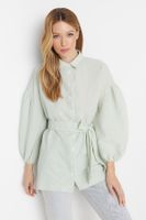 Trendyol Green Striped Belted Balloon Back Sleeve Long Woven Shirt