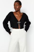 Trendyol Black Super Crop Basic Bow Knit Cardigan