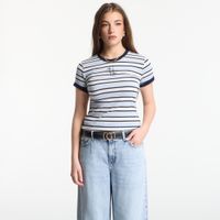 T-shirt GUESS Ss Cn Striped Mini 4G Logo Tee Cream White/ Shad XS