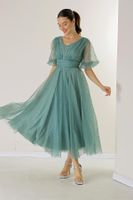 By Saygı Front Back V Neck Short Balloon Sleeve Lined Bud Pattern Silvery Dahya Fabric Dress